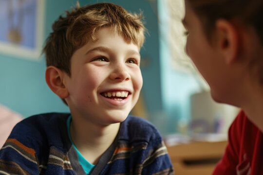 A young boy wearing a smile on his face as he engages in conversation with a woman. This image can be used to depict positive communication and interaction between different generations