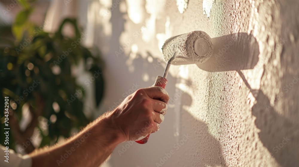 Poster a person is using a paint roller to paint a wall. this image can be used to depict home improvement 