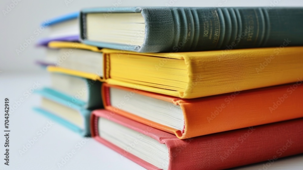 Poster A stack of books neatly arranged on top of each other. Suitable for educational, library, and knowledge-themed projects