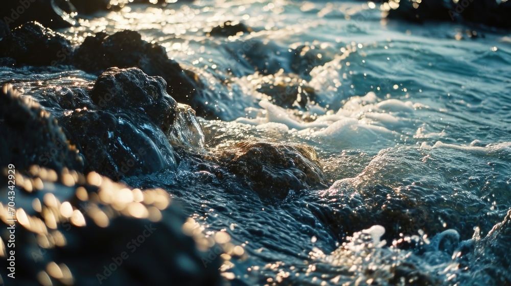Poster a close-up view of a body of water near rocks. this image can be used to portray the beauty of natur