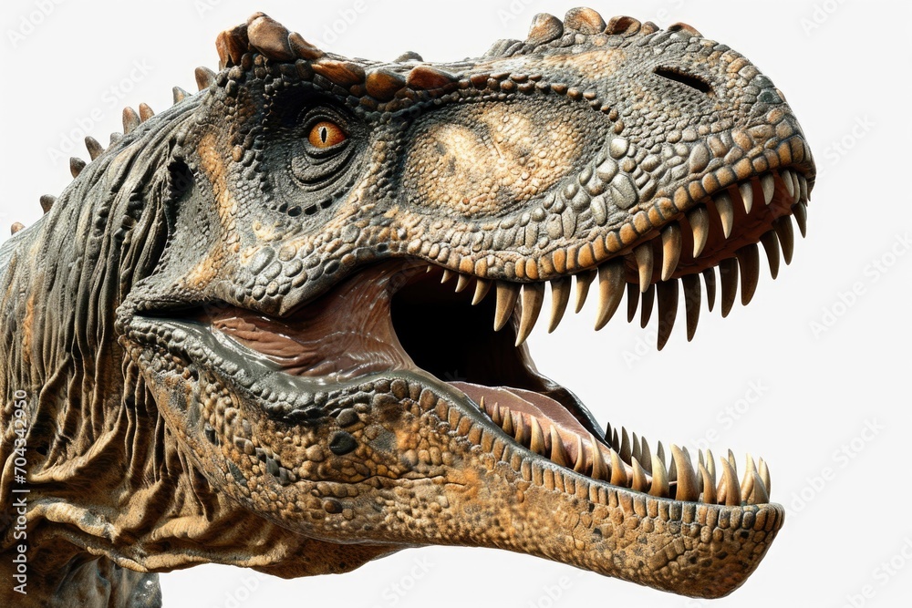 Poster a detailed close-up image of a dinosaur with its mouth wide open. perfect for educational materials 