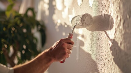 A person is using a paint roller to paint a wall. This image can be used to depict home improvement or renovation projects