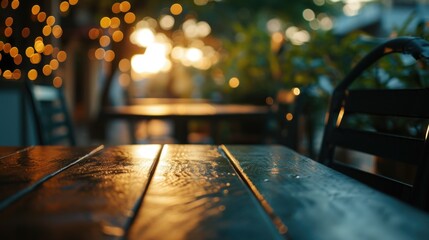 A close-up view of a wooden table with beautiful lights shining in the background. This image can be used to add warmth and ambiance to any creative project