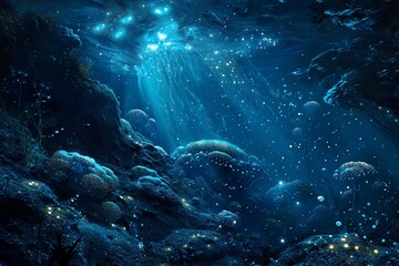 : An ethereal scene of bioluminescent creatures illuminating the dark depths of the ocean, creating...