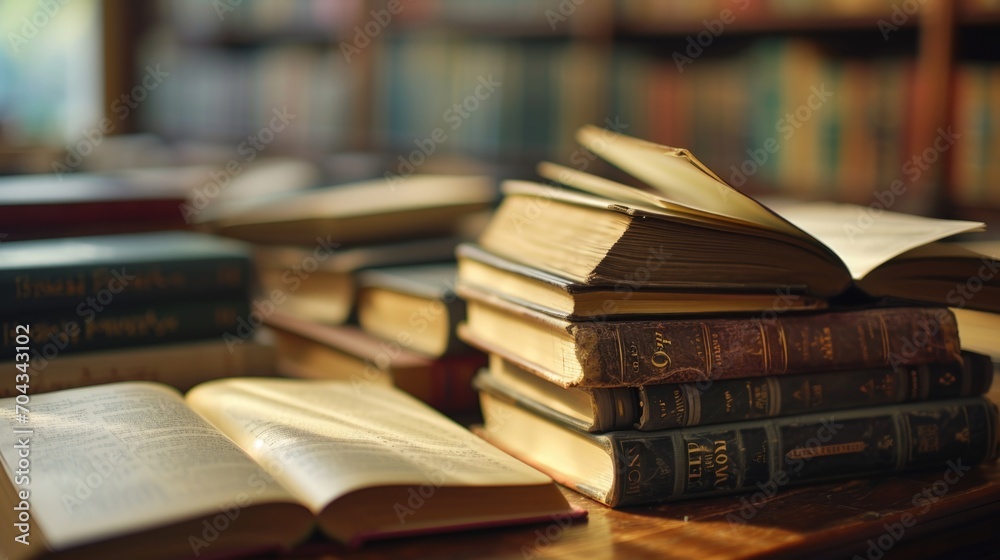 Poster a stack of books placed neatly on top of a wooden table. perfect for educational or library-themed d