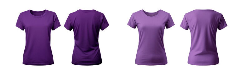 realistic set of female purple t-shirts mockup front and back view isolated on a transparent background, cut out