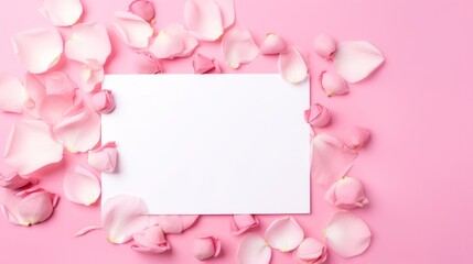 Fototapeta na wymiar Exquisite rose and blank card on pink background - elegant flat lay composition with ample space for text