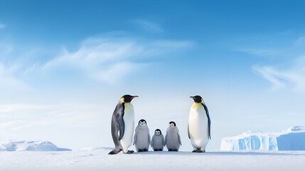 Emperor Penguins in Antarctica copy space, generative ai - obrazy, fototapety, plakaty