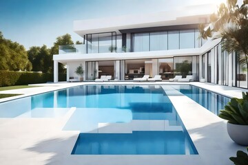 Fototapeta premium swimming pool in resort, Modern white house with swimming pool
