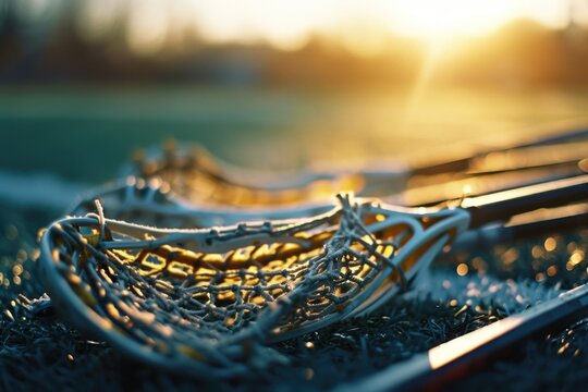 Lacrosse sticks seen in close-up. Versatile image suitable for sports-related projects