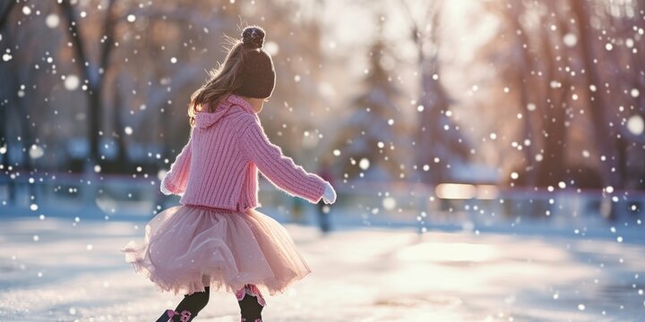 A little girl wearing a pink dress is gracefully skating on ice in the snow. This image can be used to depict winter activities and the joy of childhood