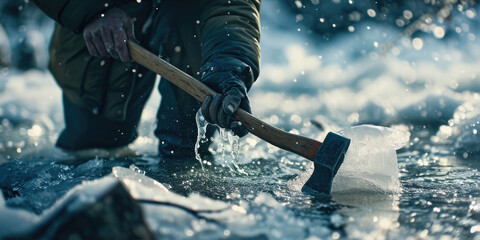 A person holding an axe while standing in water. Suitable for horror or thriller themes