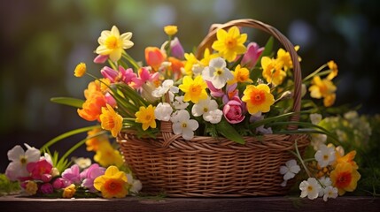 Obraz na płótnie Canvas Bountiful blooms: a beautiful wooden basket overflowing with vibrant spring flowers – seasonal delight for your designs
