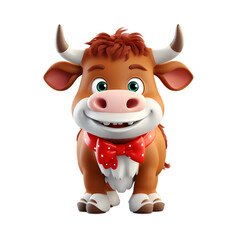 3d cartoon bull wearing santa hat, png clipart, on transparent background
