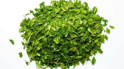 Obraz premium Top view of pile of chopped dry parsley leaves isolated on white - culinary herb, cooking ingredient, food photography