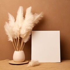 Blank paper cards, mockup with pampas grass on a wooden plate, beige background composition