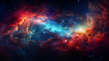A cosmic explosion of colors in the night sky, with stars and galaxies swirling in space - obrazy, fototapety, plakaty