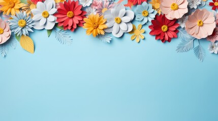 Vibrant handmade paper flowers adorning a light blue background - copy space available

