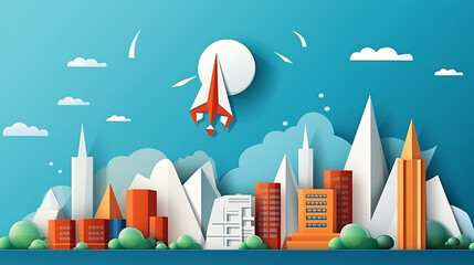 paper art illustration style of rocket flying over modern city.