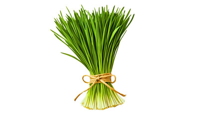 Fresh organic green chives  tied to a wooden board Isolated on a transparent background, Chives, Food, Healthy, Organic, PNG.
