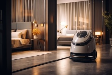 Modern domestic robot in a luxurious living room interior at night, concept of futuristic smart home technology.