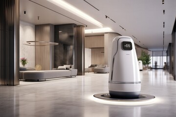 Modern domestic robot in a luxurious living room interior at night, concept of futuristic smart home technology.