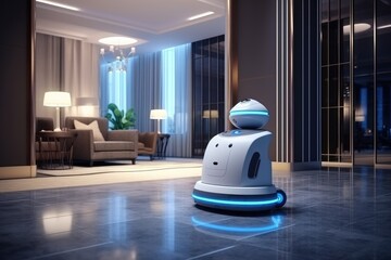 Modern domestic robot in a luxurious living room interior at night, concept of futuristic smart home technology.
