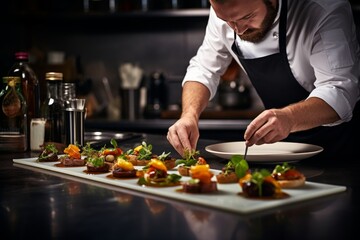 Photo of a chef plating a gourmet tasting menu. Generative AI