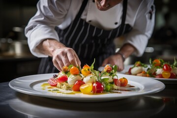 Photo of a chef plating a colorful caprese salad. Generative AI
