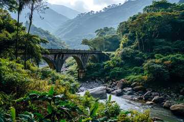 bridge and a river in a scenic landscape