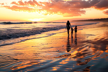 peaceful beach at sunset, where the mother holds her children's hands as they walk along the shoreline - obrazy, fototapety, plakaty