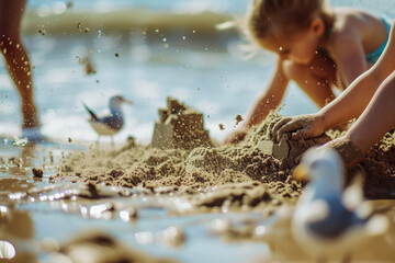 summer day at the beach, where the mother builds sandcastles with her children, their hands covered in gritty sand - obrazy, fototapety, plakaty