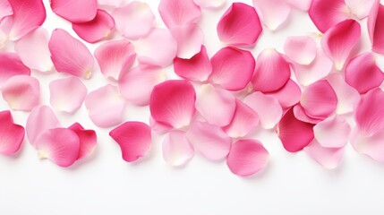 Obraz premium Vibrant top-view composition of fresh pink rose petals on a clean white background – floral elegance and purity concept for design and creativity