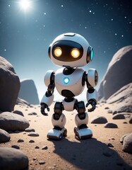 A cute robot among the rocks against a starry sky.