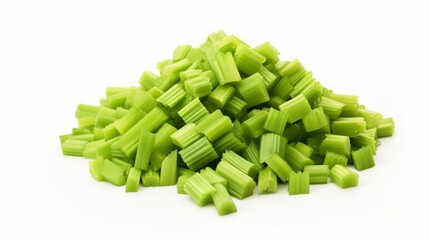 Freshly cut celery sticks piled high &ndash; crisp and vibrant vegetable snack on white background

