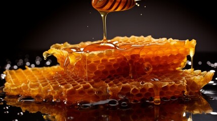 Golden honey drips: close-up view of a honeycomb filled with sweet nectar
