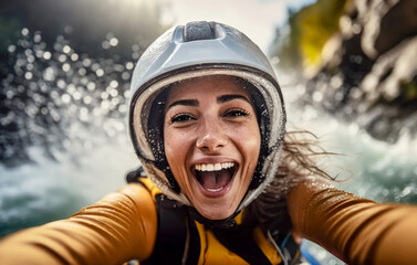 Beautiful young Caucasian woman having fun over the canoe or kayak and taking a selfie at river rafting.