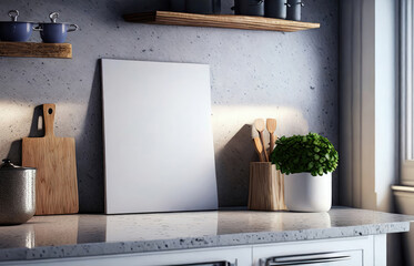 Blank white mockup sign on home kitchen countertop.