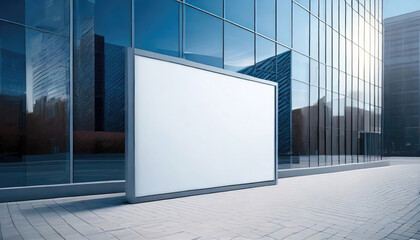 Blank white signboard or billboard in front of a modern office building in the city.