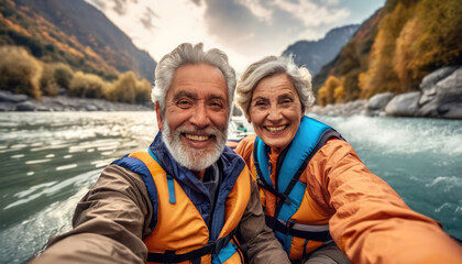 Elder senior Caucasian couple having fun over the canoe or kayak and taking a selfie at river rafting.