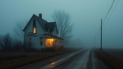 Foggy rural scene with a lit house.