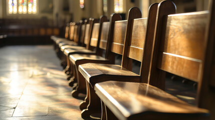 Sunlit wooden benches in a serene chapel. - obrazy, fototapety, plakaty