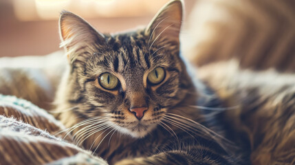 Naklejka premium Tabby cat lounging in a cozy spot.