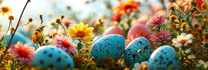 Fototapeta na wymiar Easter background with coloured eggs. AI generative.