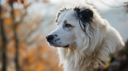 White dog with soulful eyes in nature.