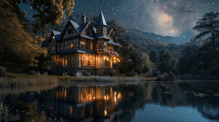Fototapeta premium Illuminated house by a lake under starry sky.
