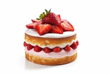 colorful sponge cake with strawberries isolated on white background. generative ai