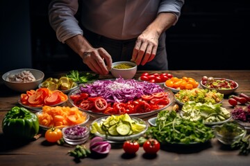 Obraz na płótnie Canvas Photo of a food stylist arranging a colorful salad. Generative AI