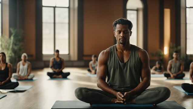 African-American man sitting in lotus position on mat during yoga class