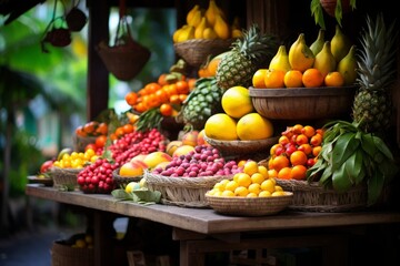 Photo of a fruit market stand with vibrant tropical fruits. Generative AI - obrazy, fototapety, plakaty